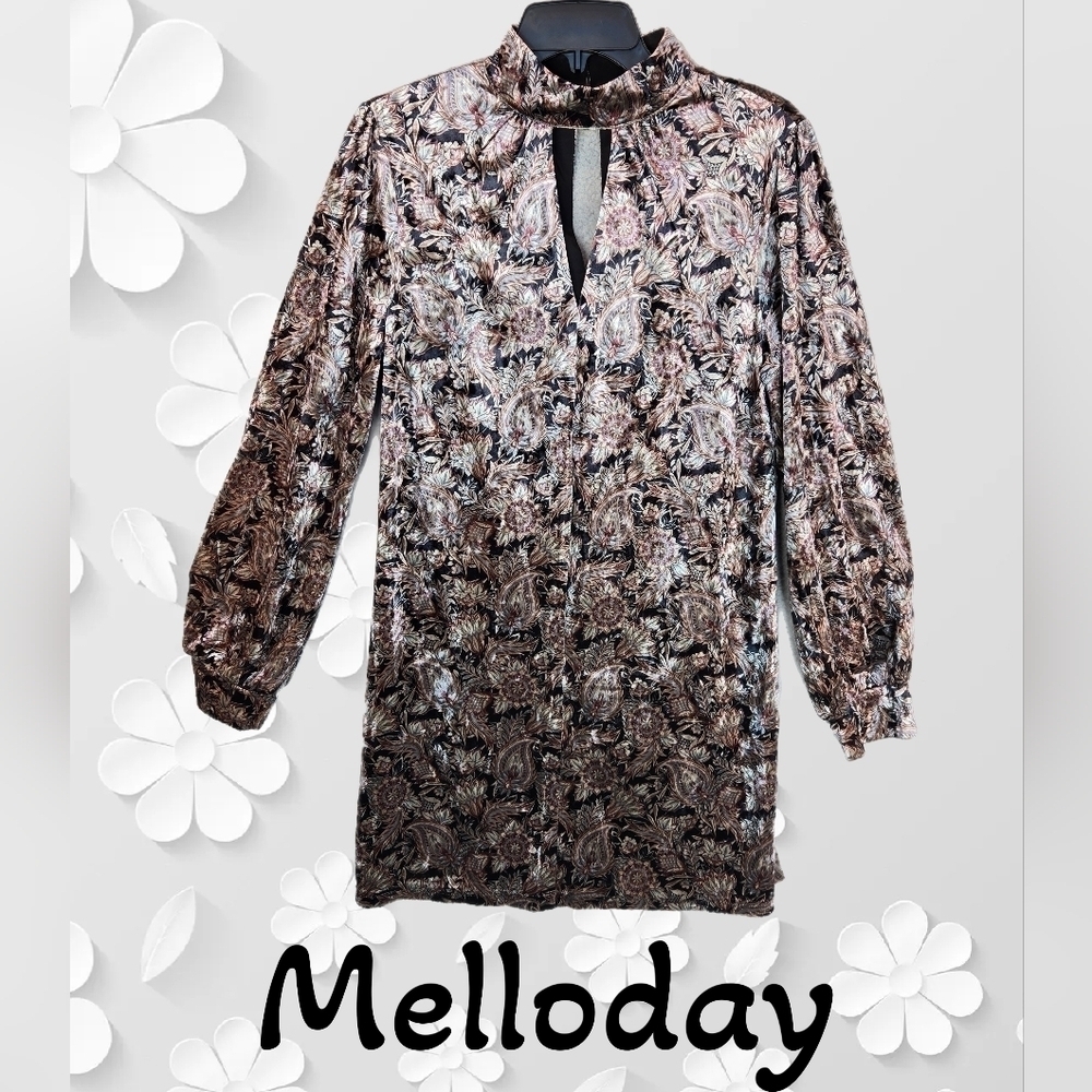 Melloday Velvet Women Mini Dress Sz S Cut Out High Neck Long Sleeves Mute Color